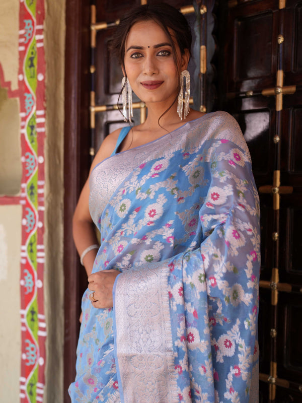 Banarasee Faux Georgette Saree With Gold Zari & Resham Jaal Work-Pastel Blue