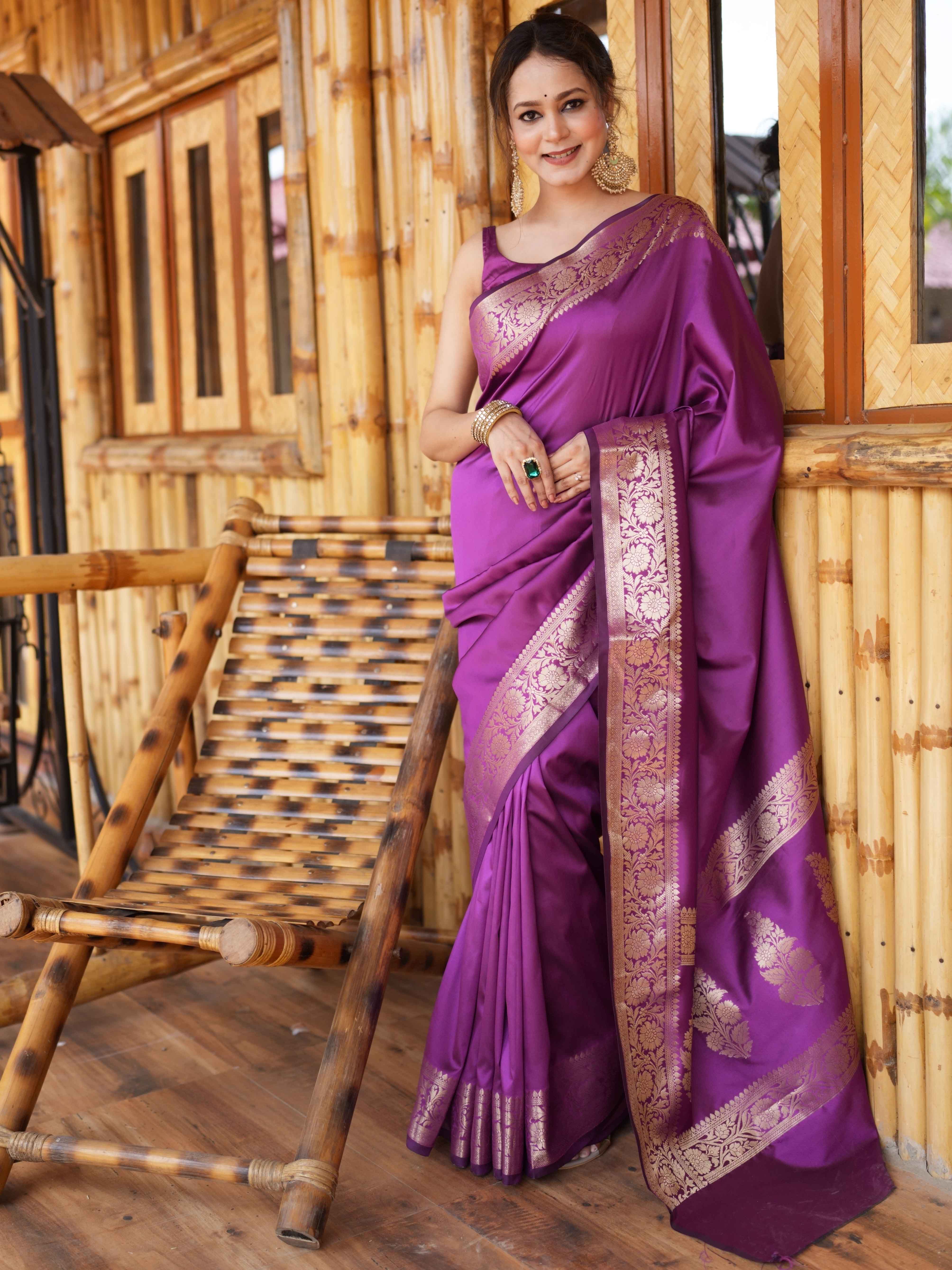 Banarasee Handwoven Semi Silk Plain Saree With Zari Border-Violet