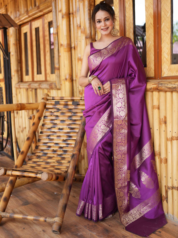 Banarasee Handwoven Semi Silk Plain Saree With Zari Border-Violet