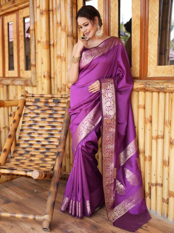 Banarasee Handwoven Semi Silk Plain Saree With Zari Border-Violet