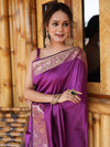 Banarasee Handwoven Semi Silk Plain Saree With Zari Border-Violet