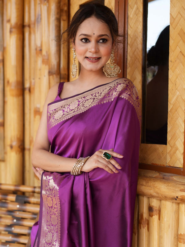 Banarasee Handwoven Semi Silk Plain Saree With Zari Border-Violet