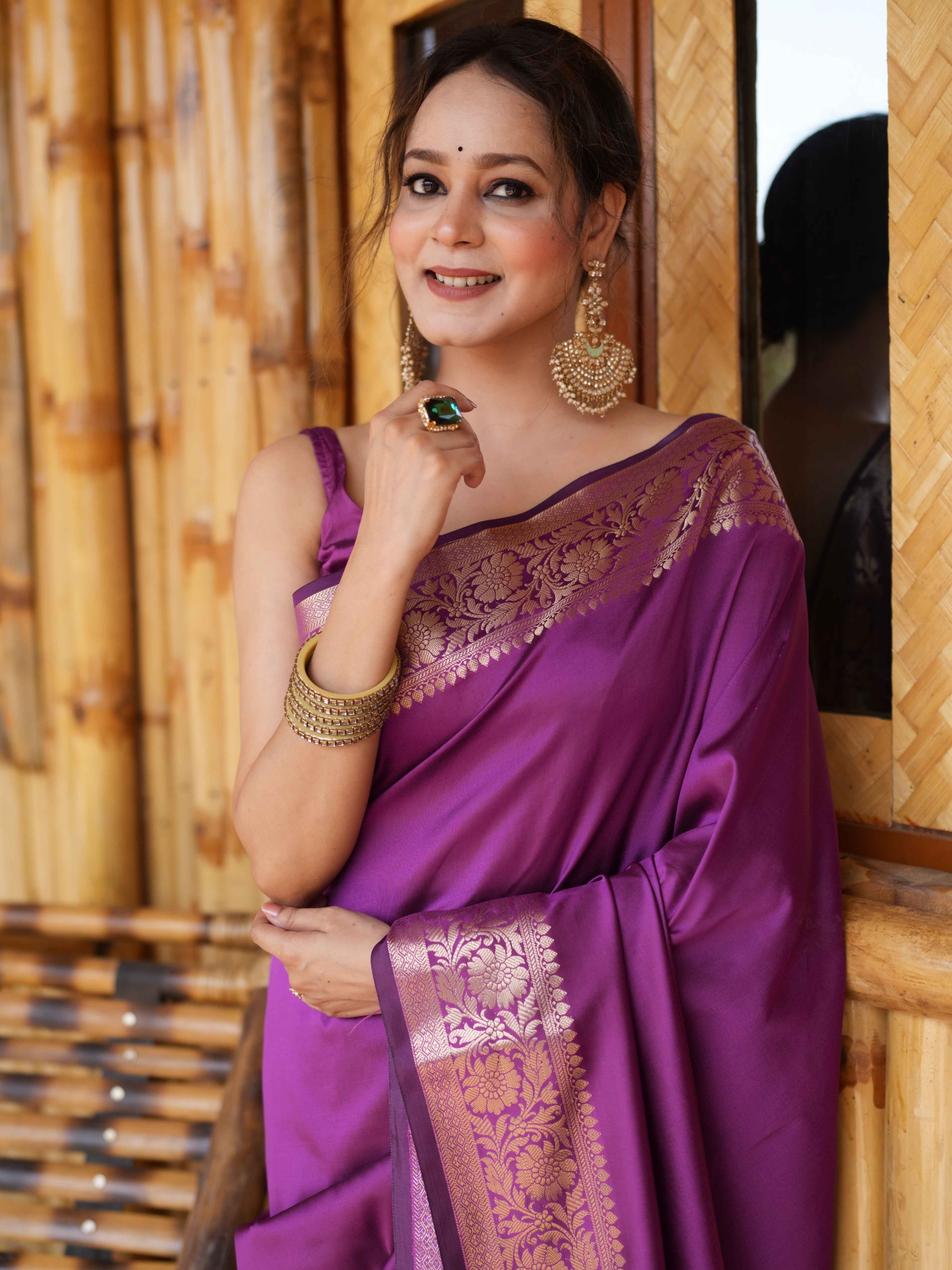 Banarasee Handwoven Semi Silk Plain Saree With Zari Border-Violet