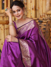 Banarasee Handwoven Semi Silk Plain Saree With Zari Border-Violet