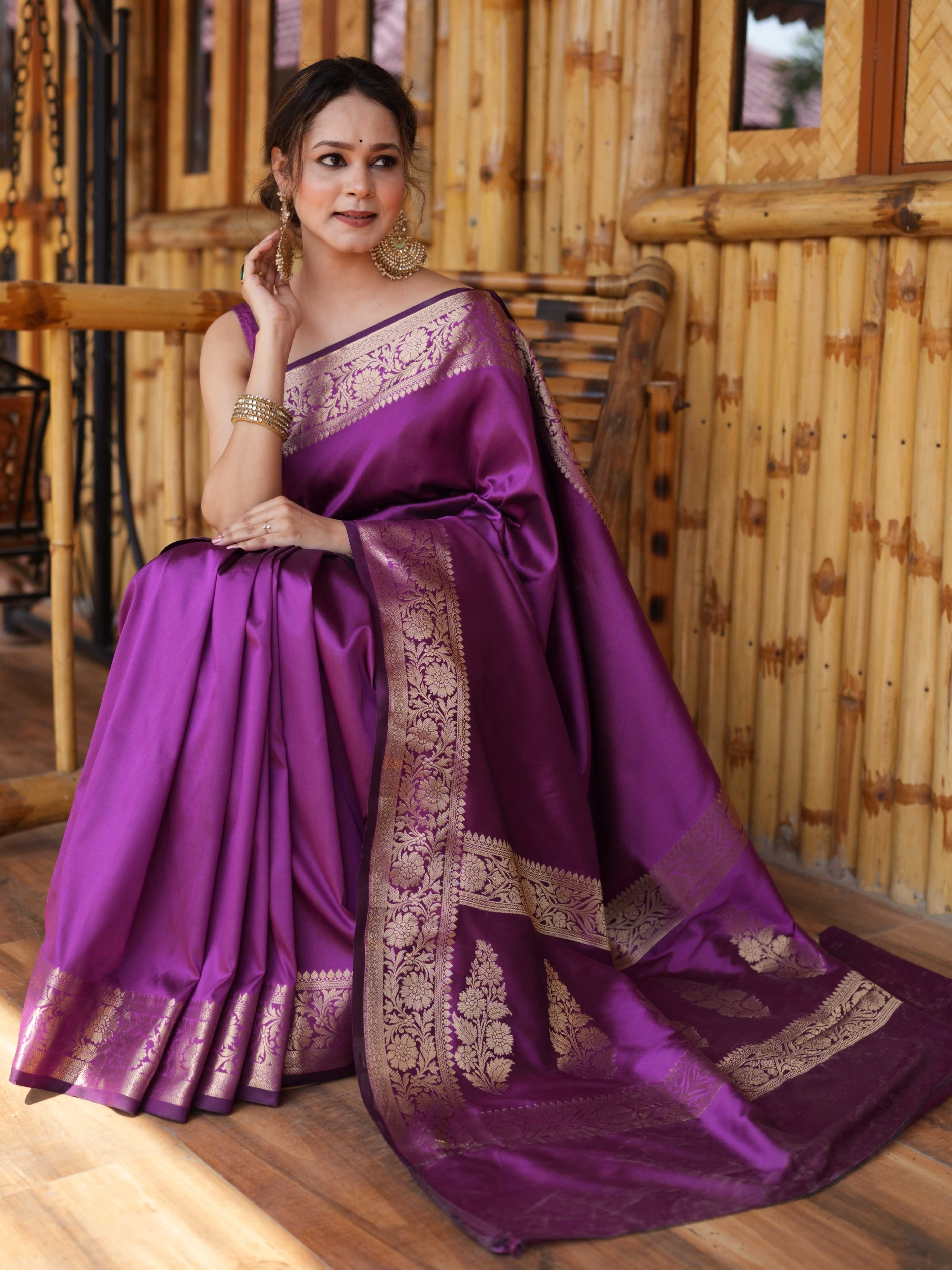 Banarasee Handwoven Semi Silk Plain Saree With Zari Border-Violet