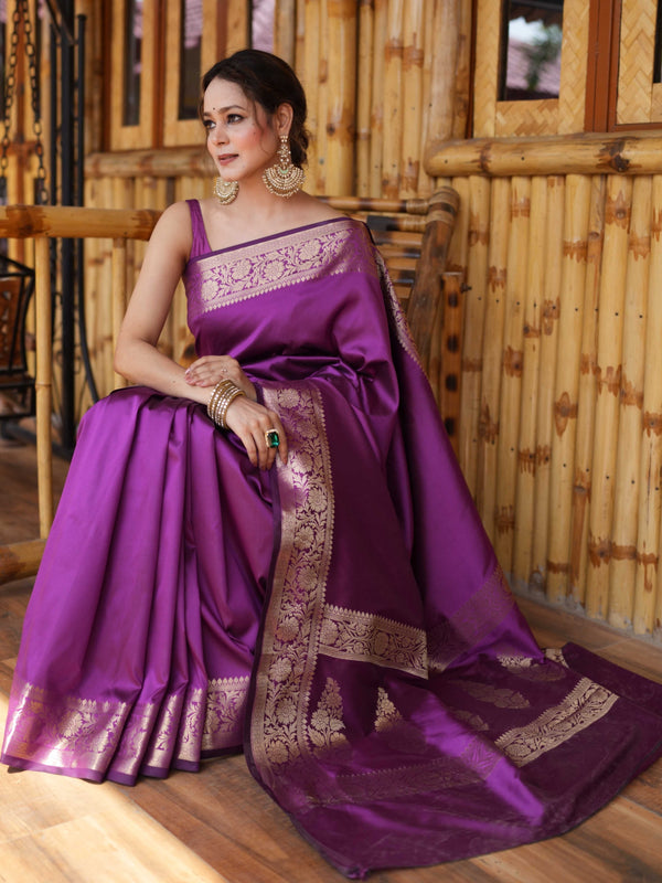 Banarasee Handwoven Semi Silk Plain Saree With Zari Border-Violet
