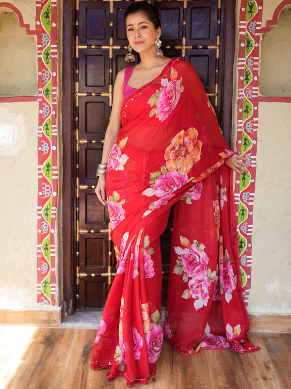 Banarasee Chiffon Saree With Handwork & Printed Floral Design-Red