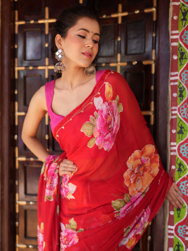 Banarasee Chiffon Saree With Handwork & Printed Floral Design-Red