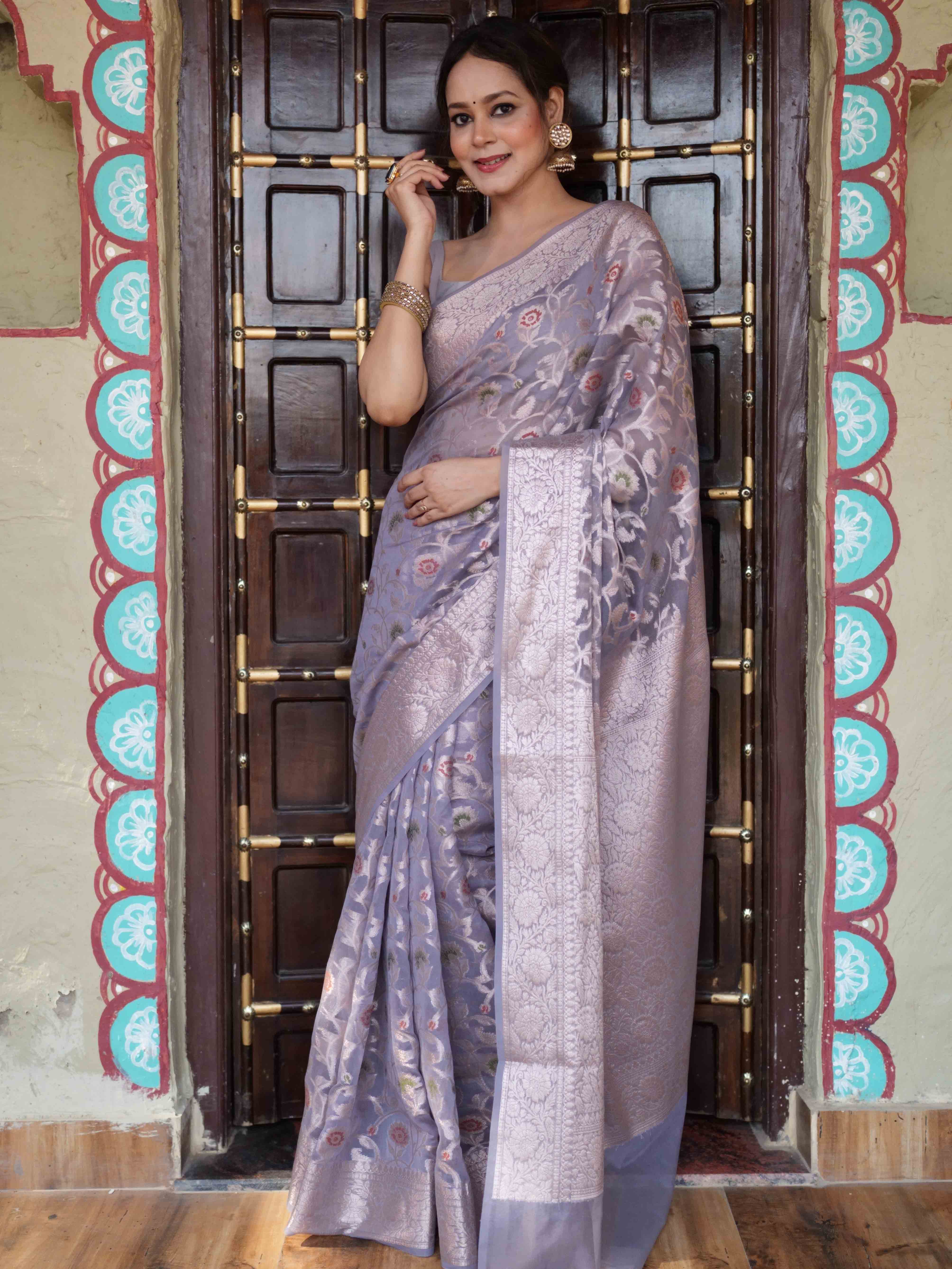 Banarasee Faux Georgette Saree With Gold Zari & Resham Jaal Work-Grey