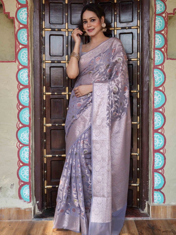 Banarasee Faux Georgette Saree With Gold Zari & Resham Jaal Work-Grey
