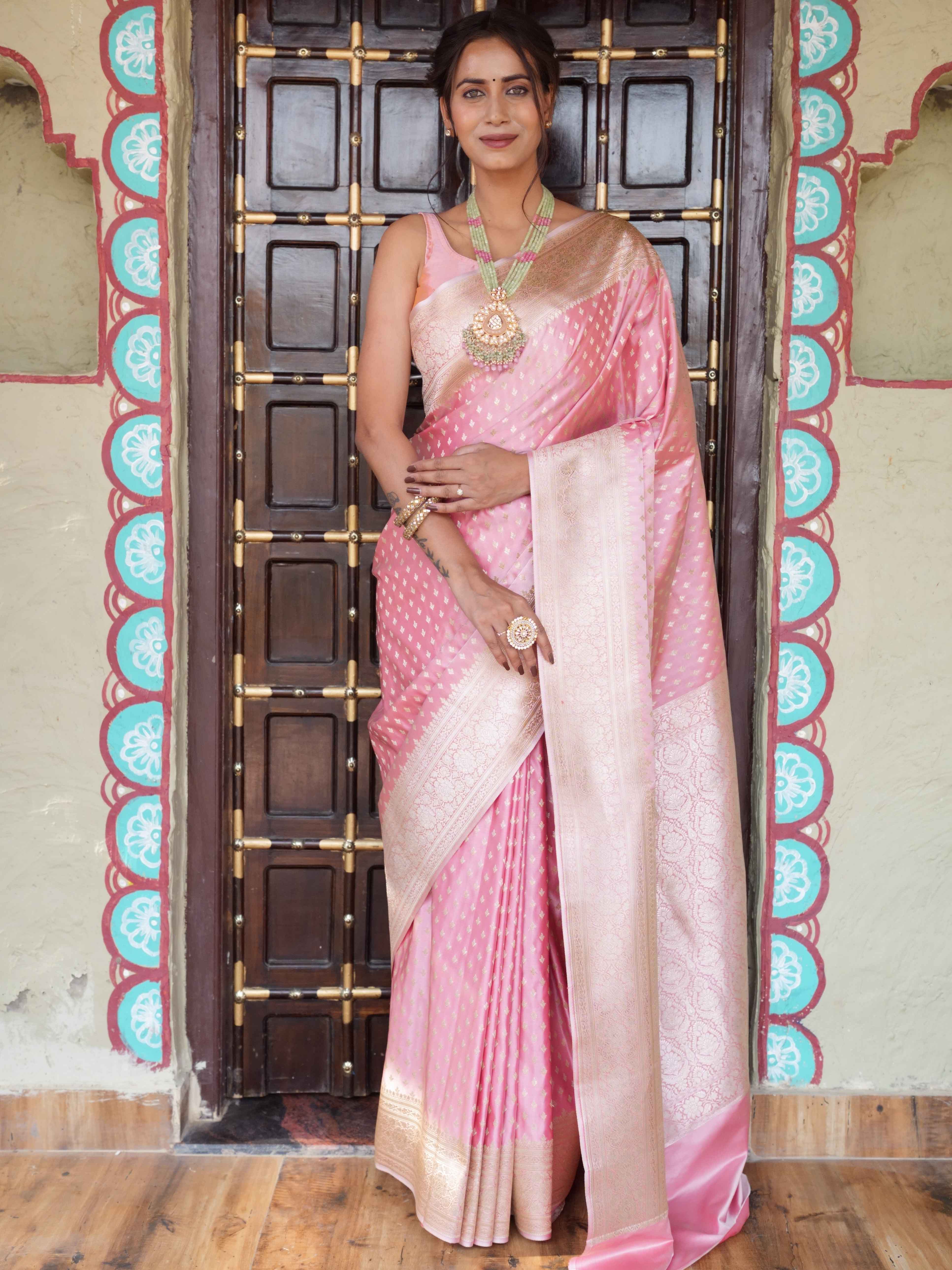 Banarasee Handwoven Semi Katan Saree With Zari Buti & Border Design-Peach