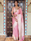 Banarasee Handwoven Semi Katan Saree With Zari Buti & Border Design-Peach