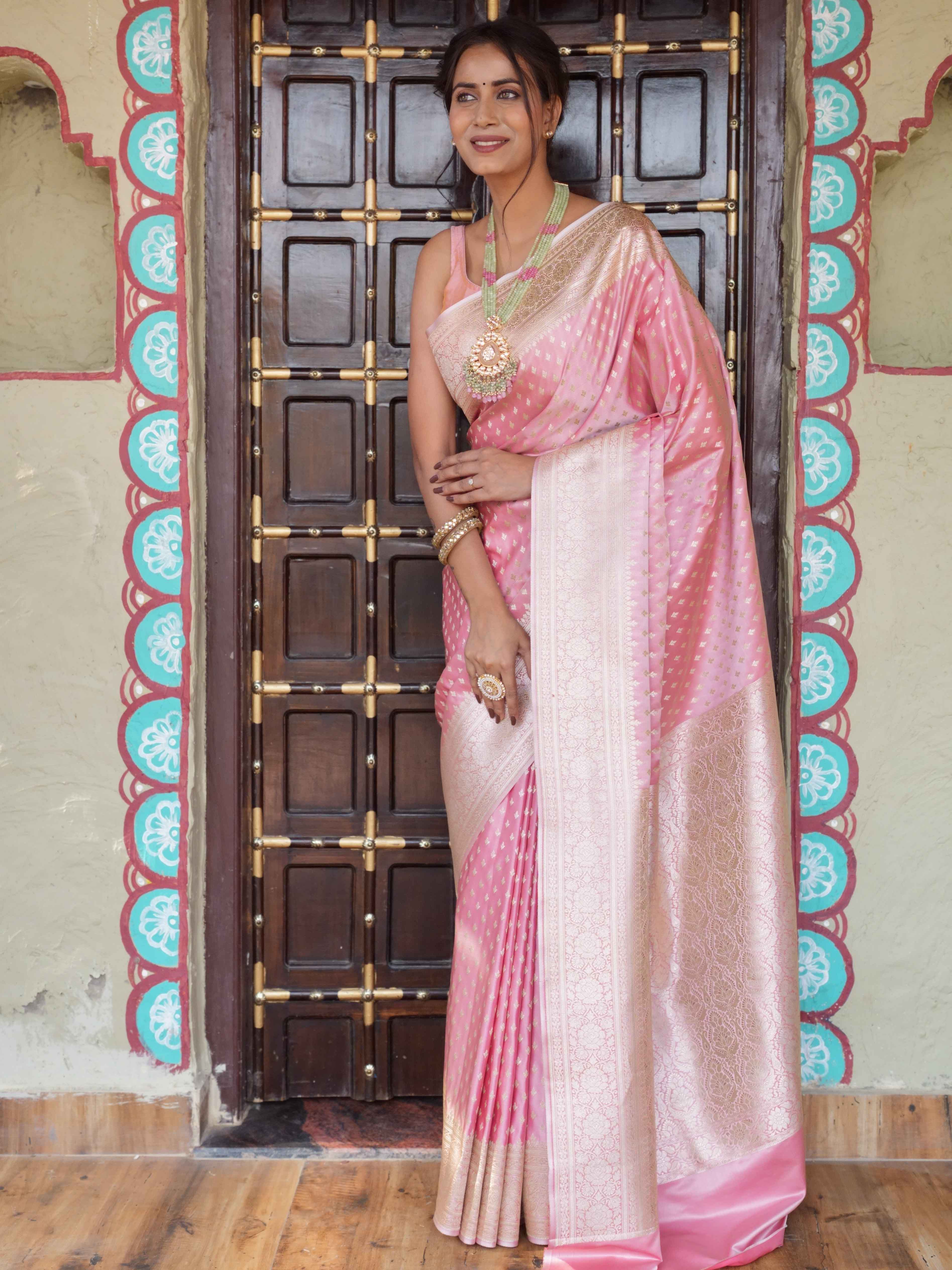 Banarasee Handwoven Semi Katan Saree With Zari Buti & Border Design-Peach