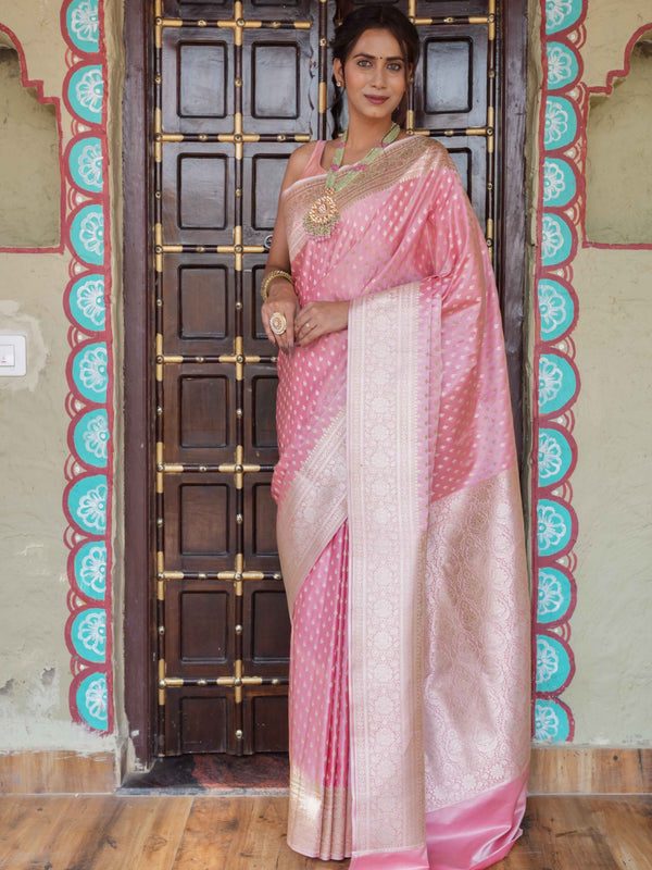 Banarasee Handwoven Semi Katan Saree With Zari Buti & Border Design-Peach