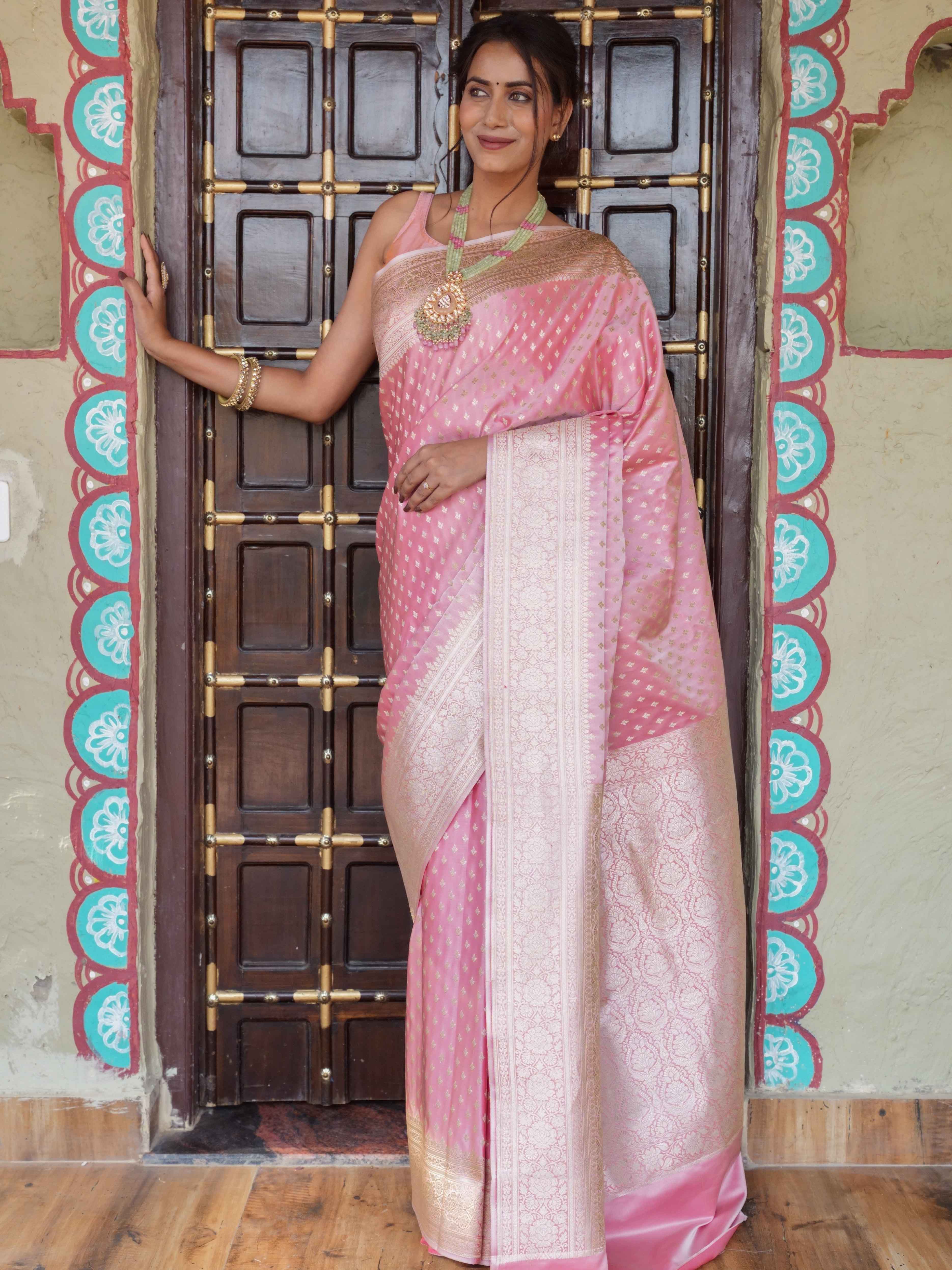 Banarasee Handwoven Semi Katan Saree With Zari Buti & Border Design-Peach