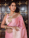 Banarasee Handwoven Semi Katan Saree With Zari Buti & Border Design-Peach