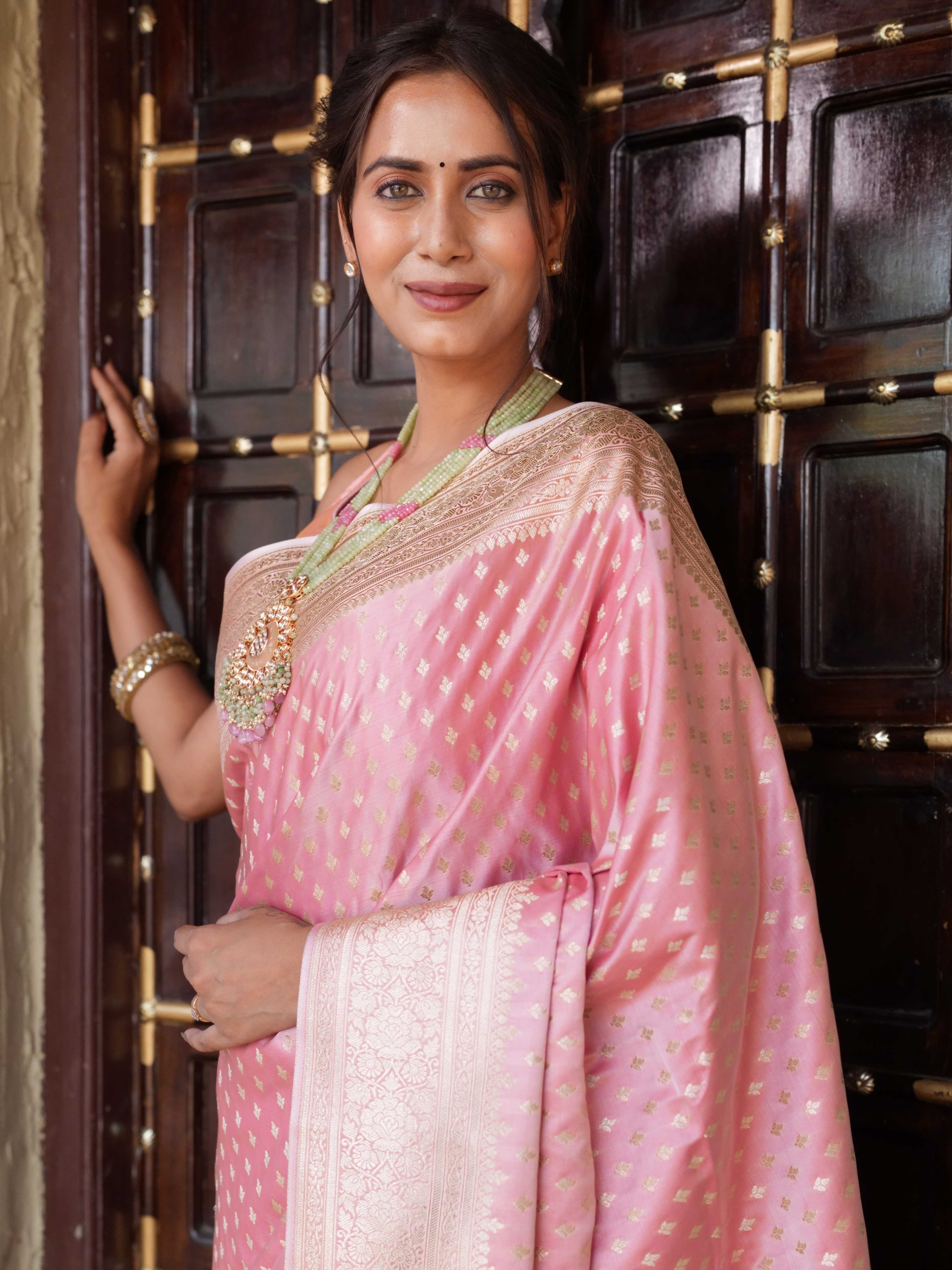 Banarasee Handwoven Semi Katan Saree With Zari Buti & Border Design-Peach
