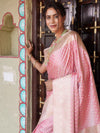 Banarasee Handwoven Semi Katan Saree With Zari Buti & Border Design-Peach