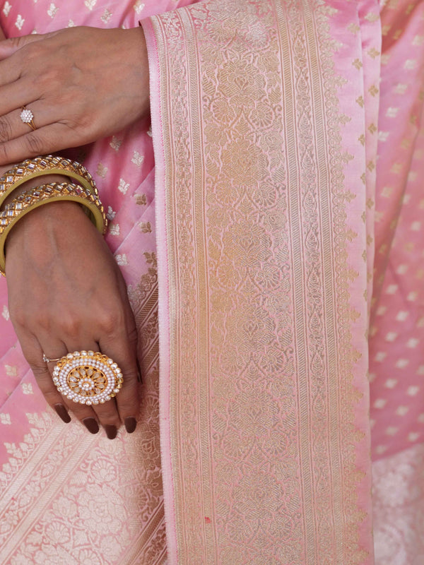 Banarasee Handwoven Semi Katan Saree With Zari Buti & Border Design-Peach
