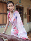 Banarasee Organza Silk Floral Printed Saree With Scallop Border-White