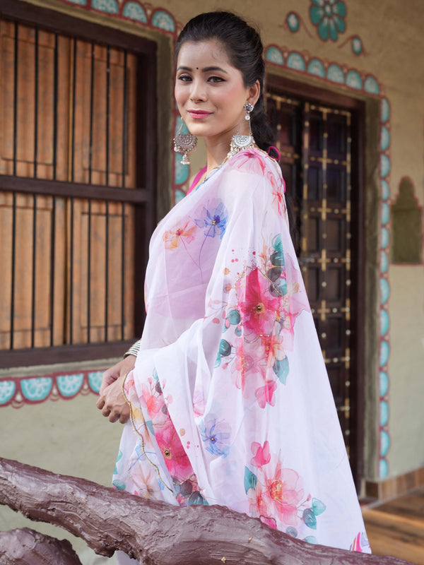 Banarasee Organza Silk Floral Printed Saree With Scallop Border-White