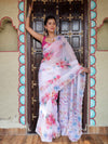 Banarasee Organza Silk Floral Printed Saree With Scallop Border-White