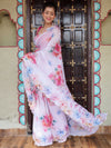 Banarasee Organza Silk Floral Printed Saree With Scallop Border-White