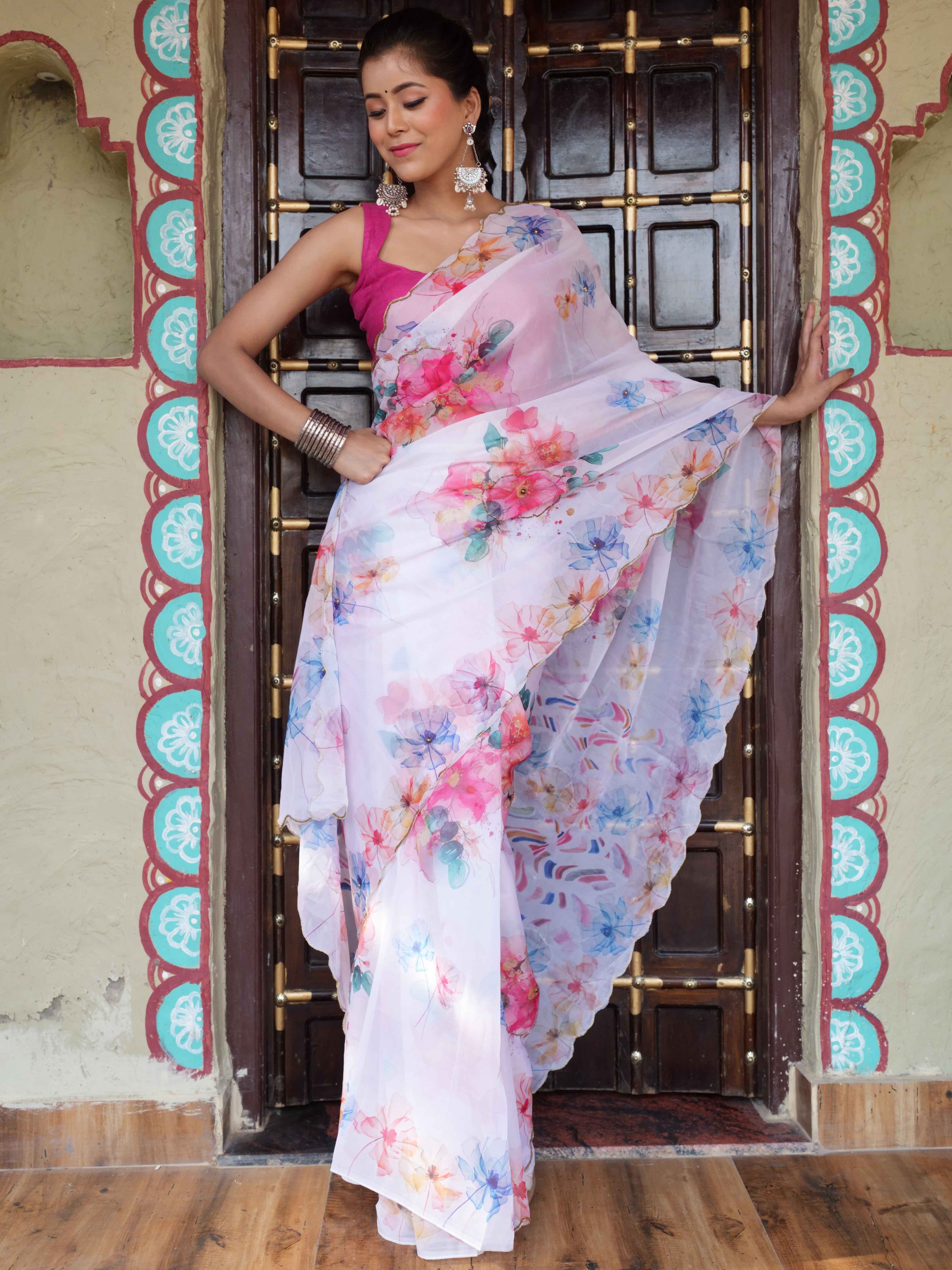 Banarasee Organza Silk Floral Printed Saree With Scallop Border-White