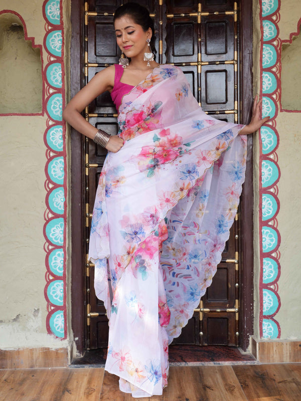 Banarasee Organza Silk Floral Printed Saree With Scallop Border-White