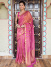 Bhagalpur Handloom Pure Linen Cotton Saree With Zari Design-Pink