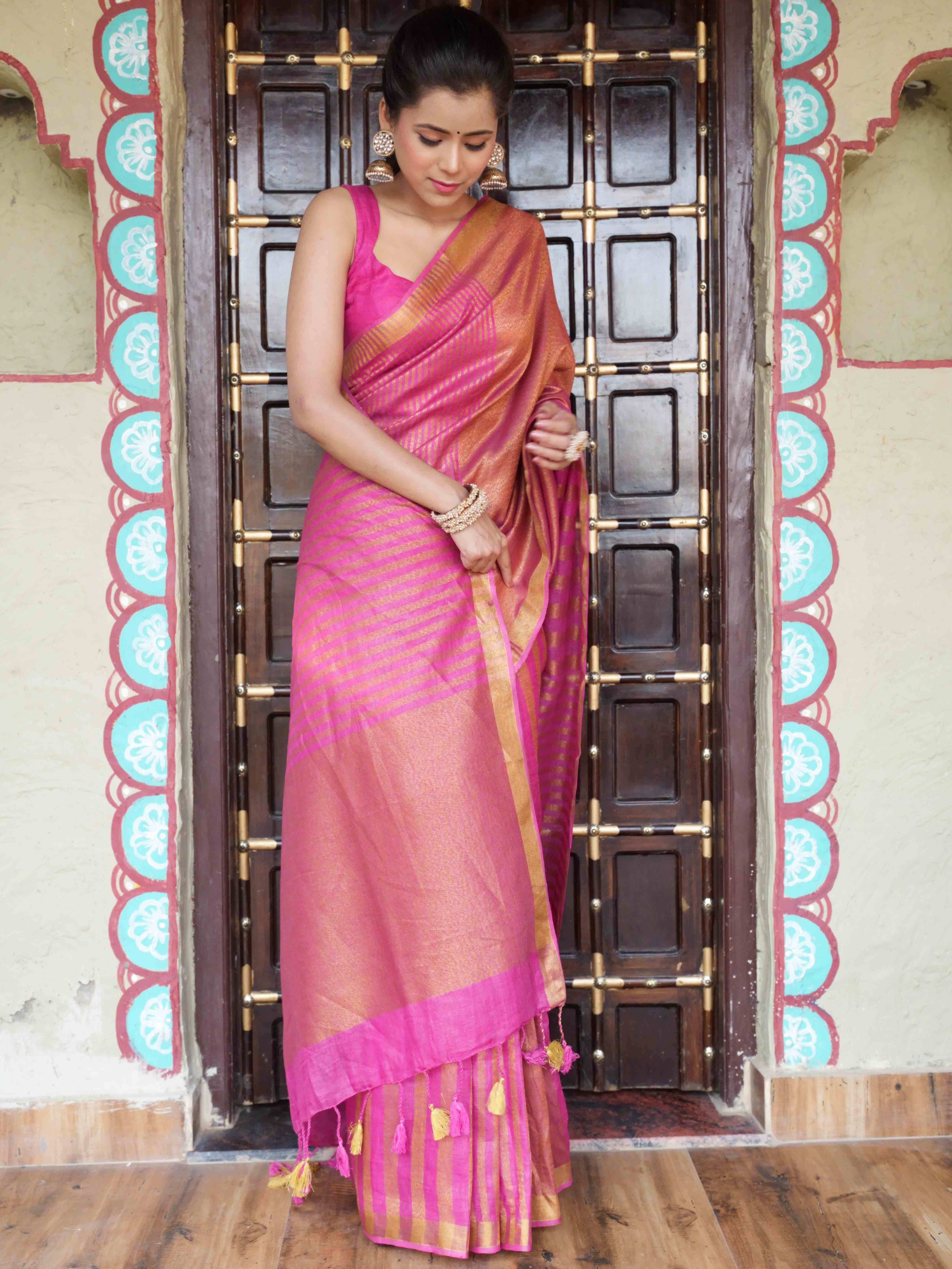 Bhagalpur Handloom Pure Linen Cotton Saree With Zari Design-Pink