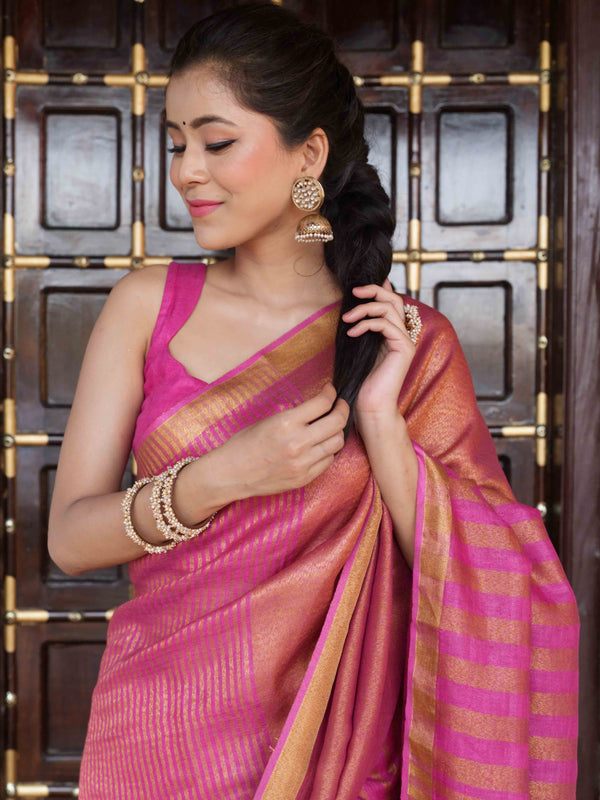 Bhagalpur Handloom Pure Linen Cotton Saree With Zari Design-Pink