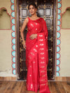 Banarasee Handwoven Semi Silk Saree With Zari Buti Design-Red