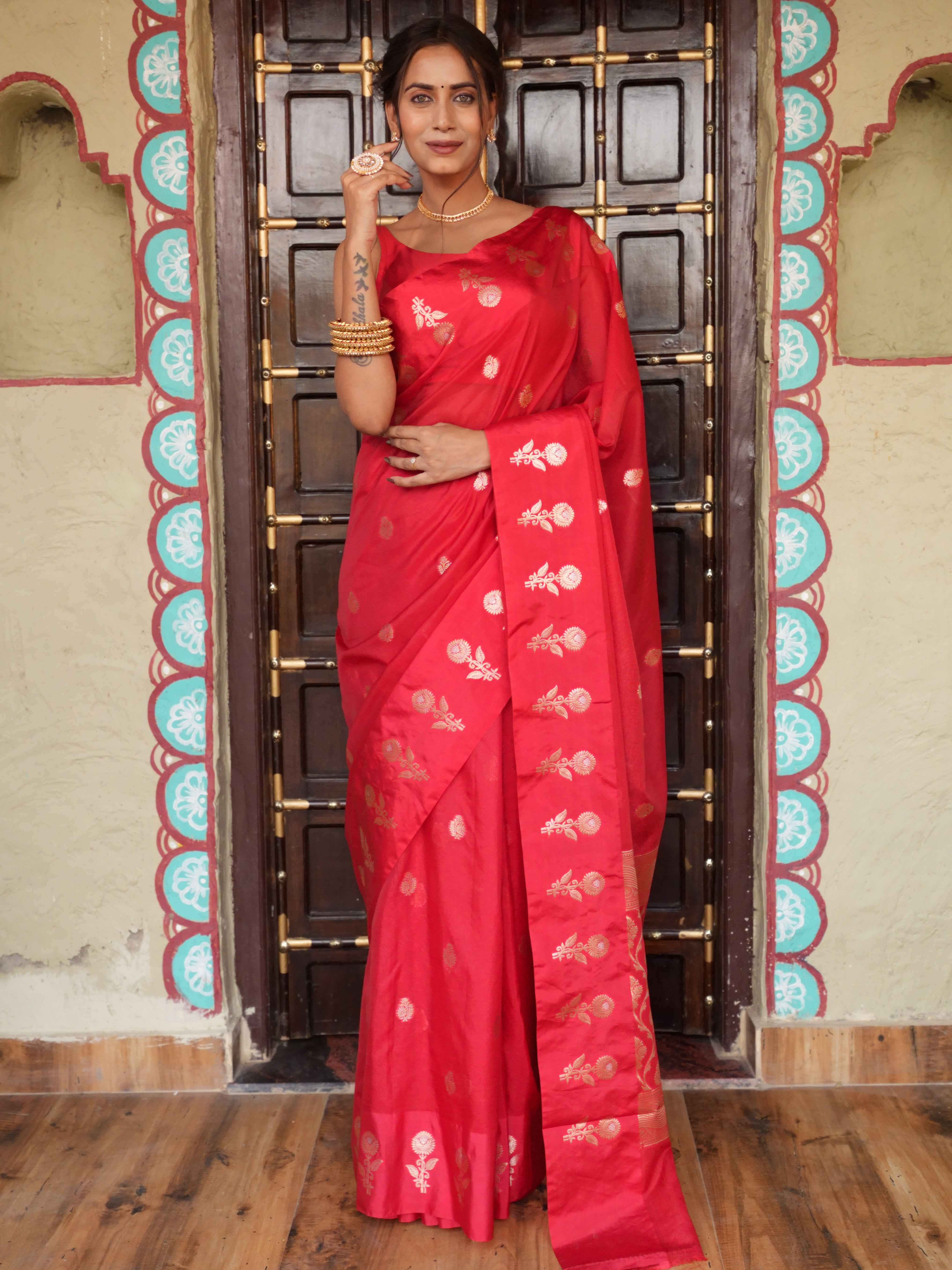 Banarasee Handwoven Semi Silk Saree With Zari Buti Design-Red