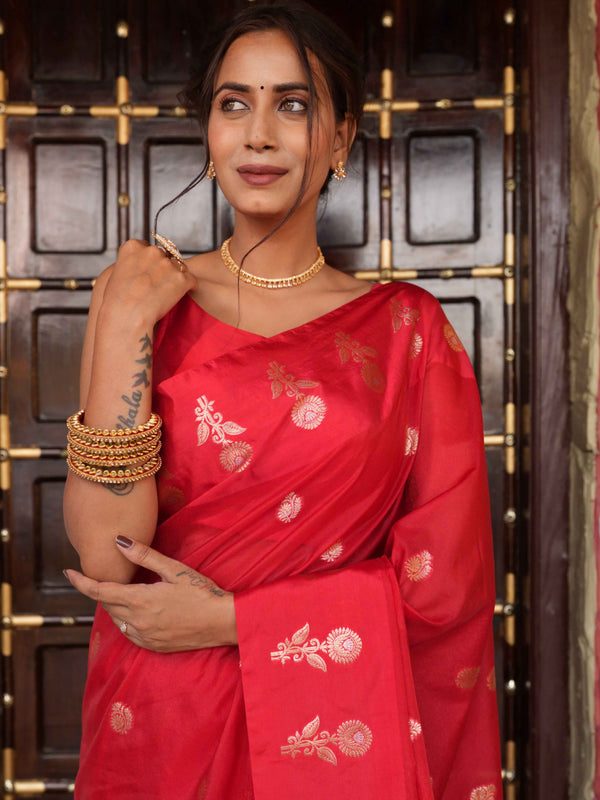Banarasee Handwoven Semi Silk Saree With Zari Buti Design-Red