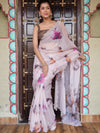 Banarasee Organza Silk Floral Printed Saree With Scallop Border-Brown
