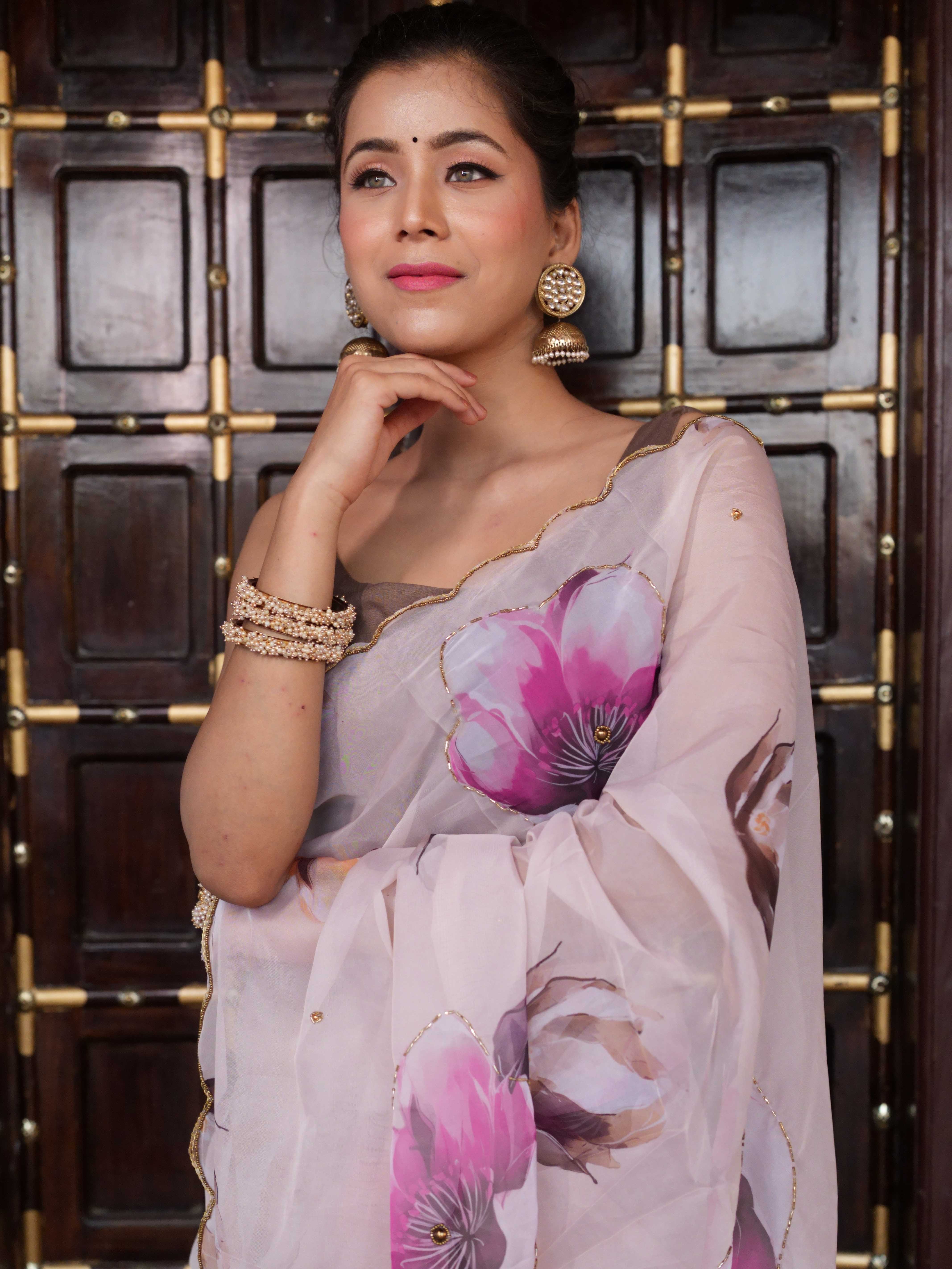 Banarasee Organza Silk Floral Printed Saree With Scallop Border-Brown