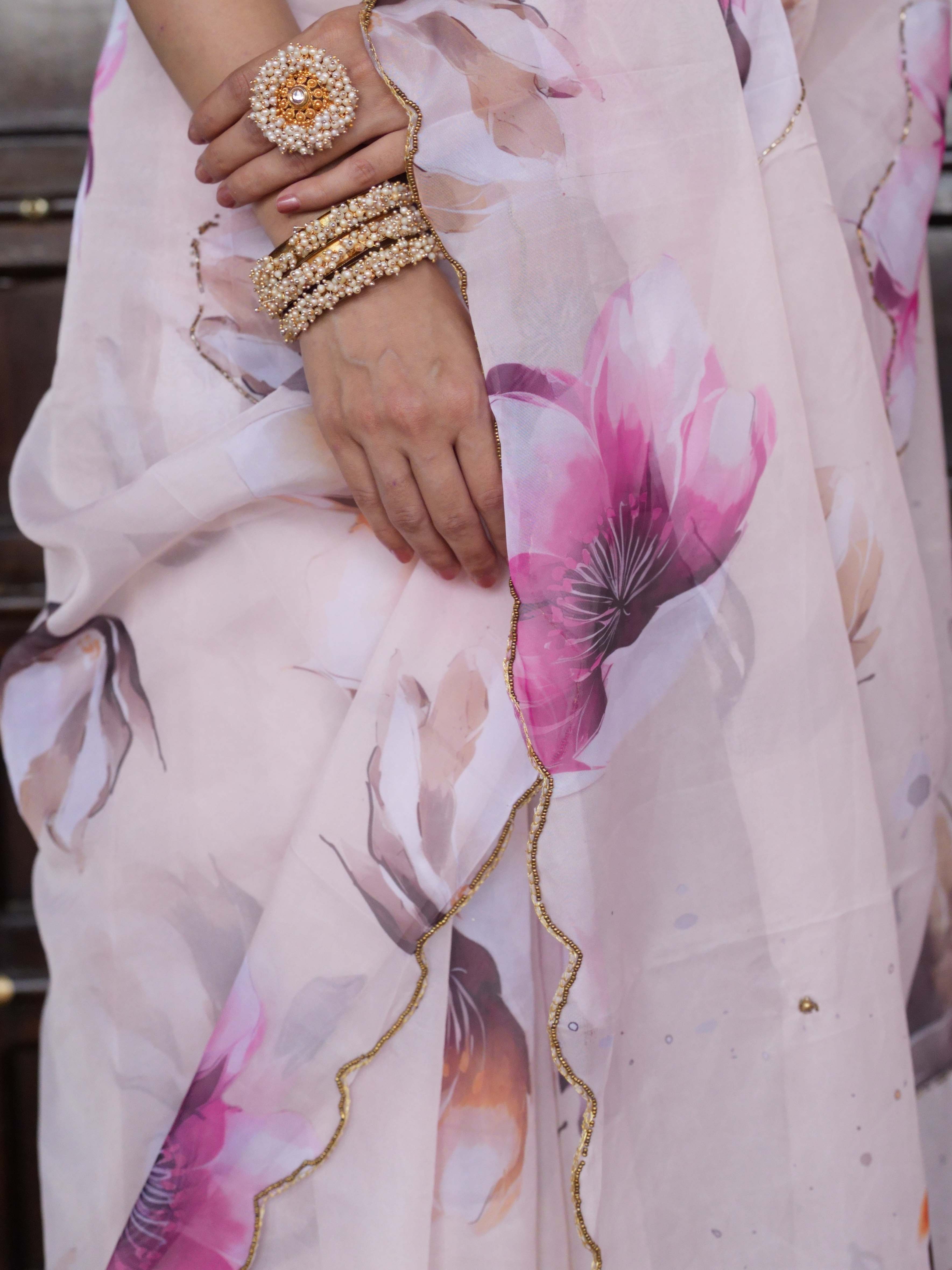 Banarasee Organza Silk Floral Printed Saree With Scallop Border-Brown