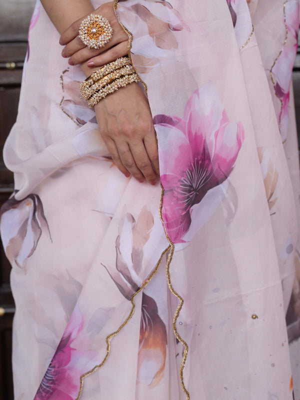 Banarasee Organza Silk Floral Printed Saree With Scallop Border-Brown