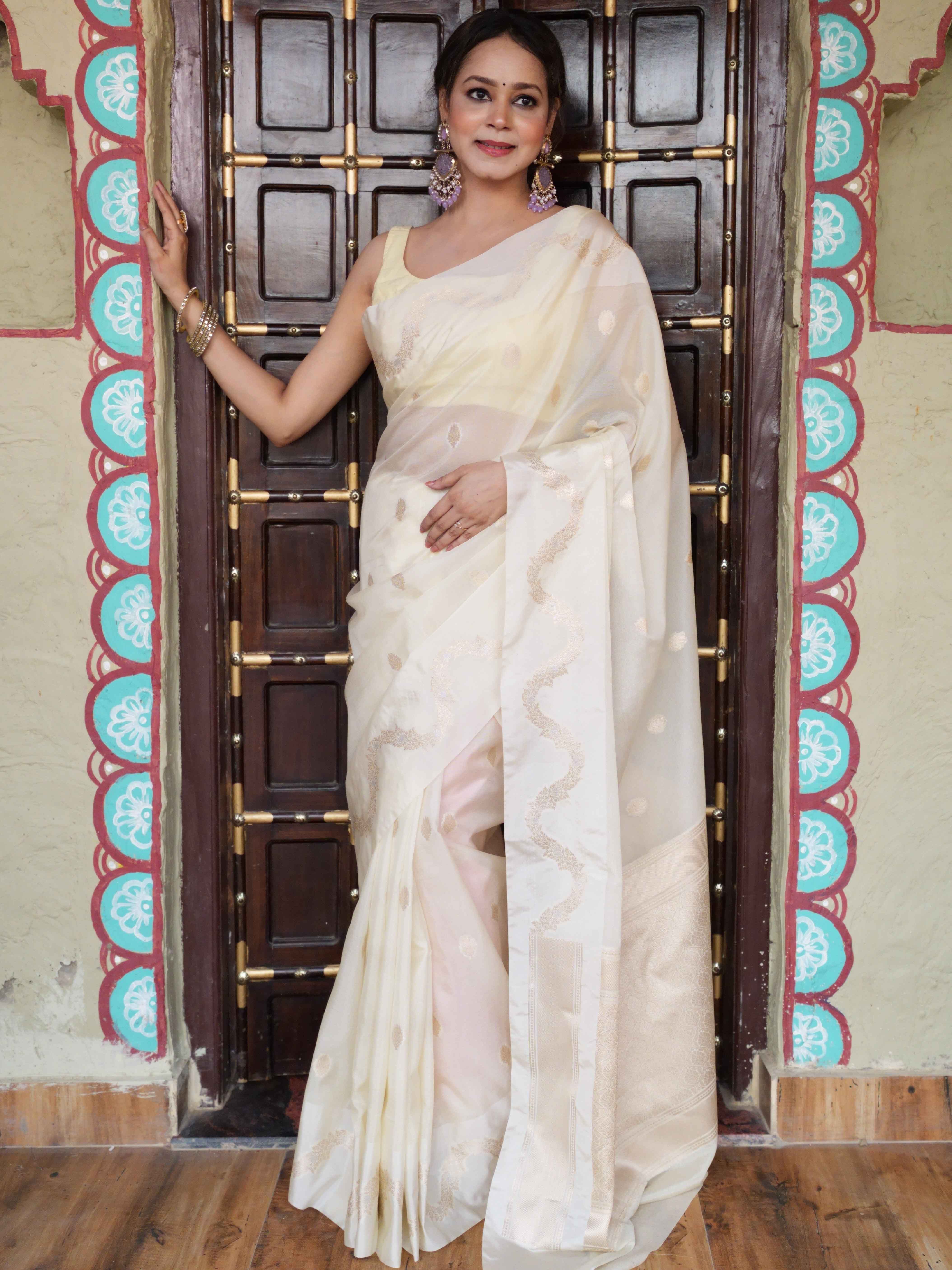 Banarasee Handwoven Semi Silk Saree With Zari Buti Design-Light Yellow