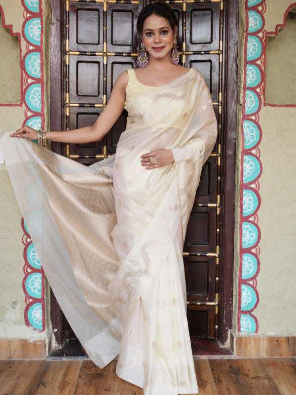 Banarasee Handwoven Semi Silk Saree With Zari Buti Design-Light Yellow