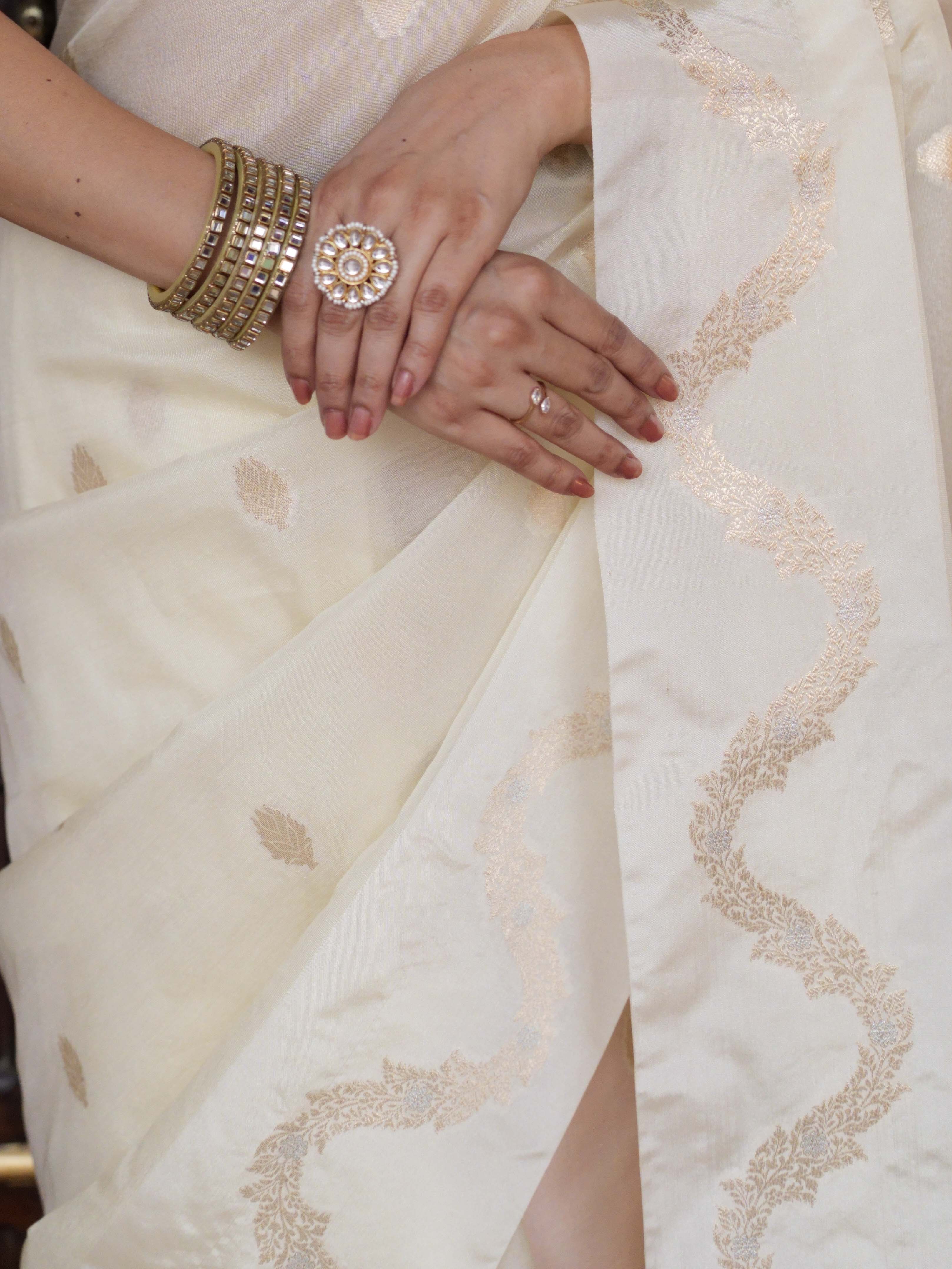 Banarasee Handwoven Semi Silk Saree With Zari Buti Design-Light Yellow