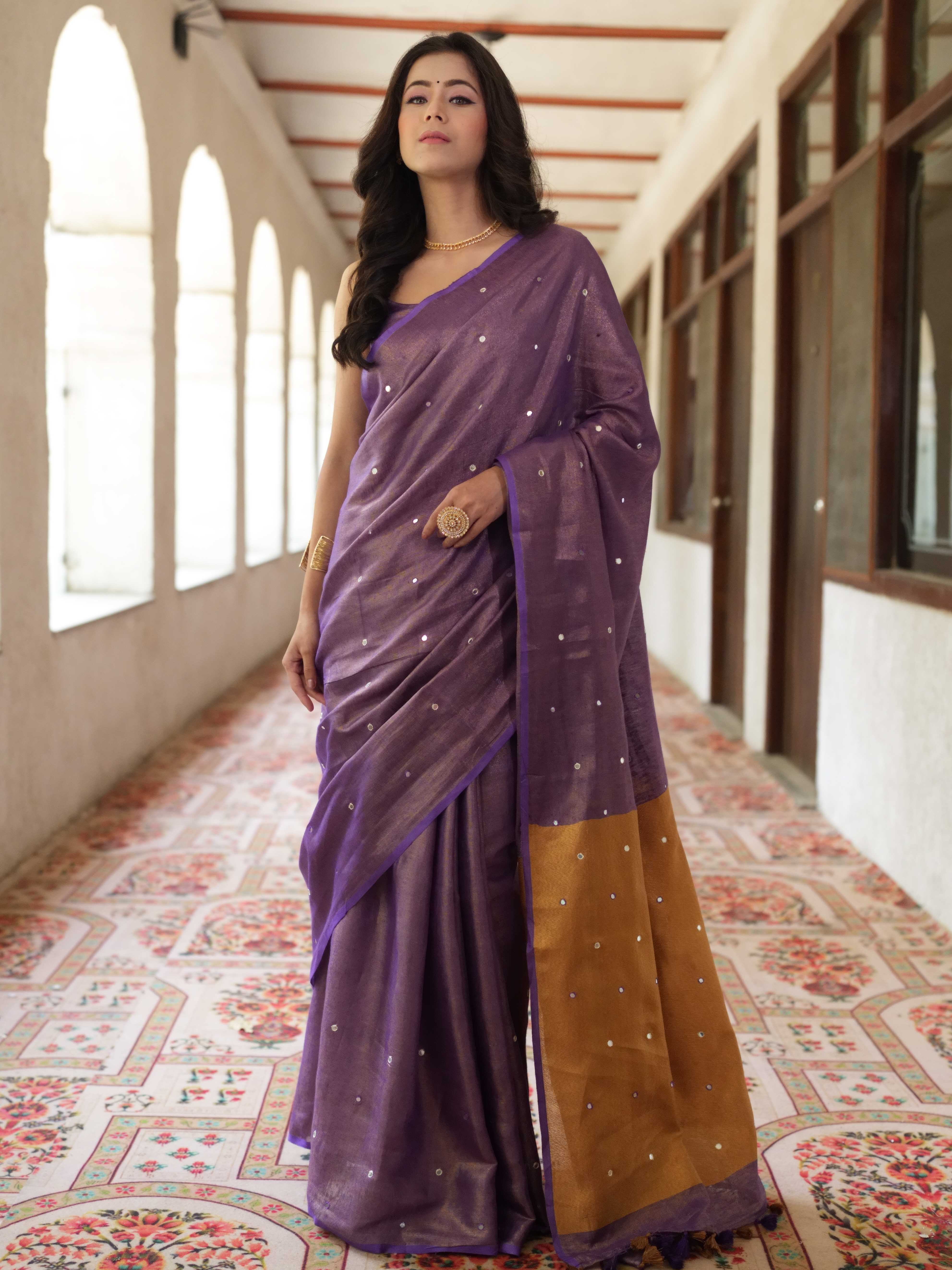 Banarasee Handloom Linen Saree With Mirror Work-Violet
