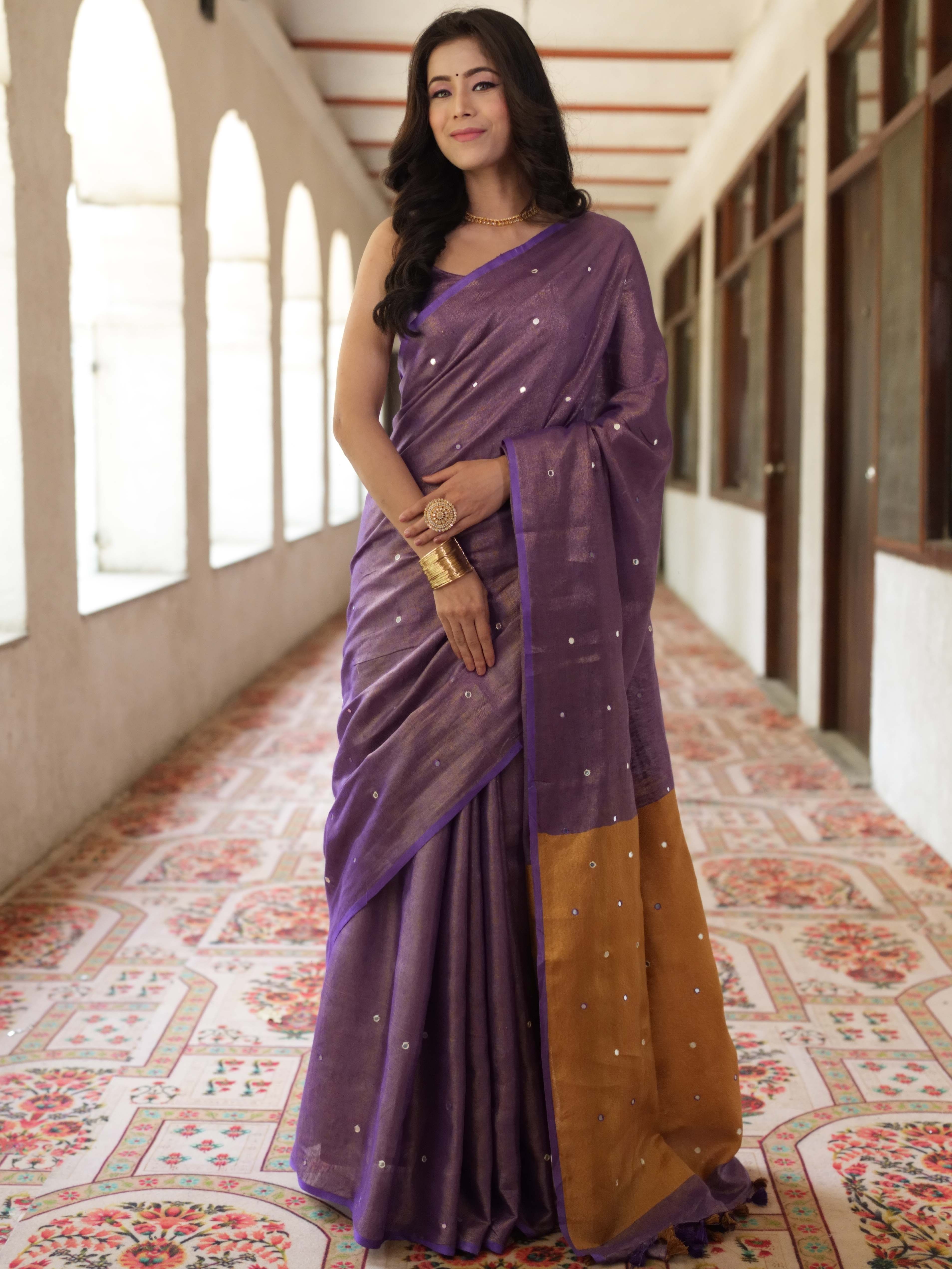 Banarasee Handloom Linen Saree With Mirror Work-Violet