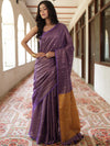 Banarasee Handloom Linen Saree With Mirror Work-Violet