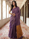 Banarasee Handloom Linen Saree With Mirror Work-Violet