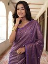 Banarasee Handloom Linen Saree With Mirror Work-Violet