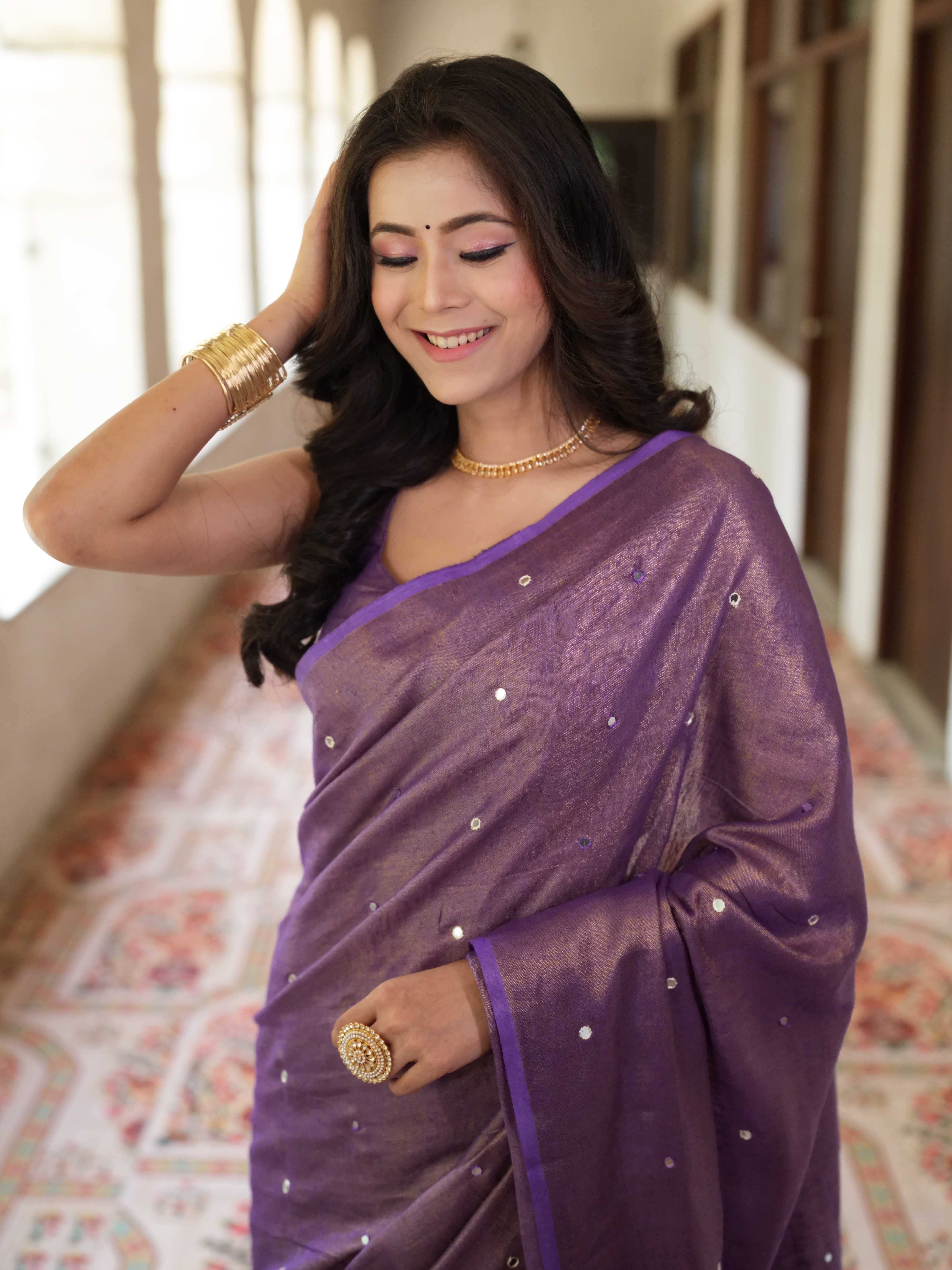 Banarasee Handloom Linen Saree With Mirror Work-Violet