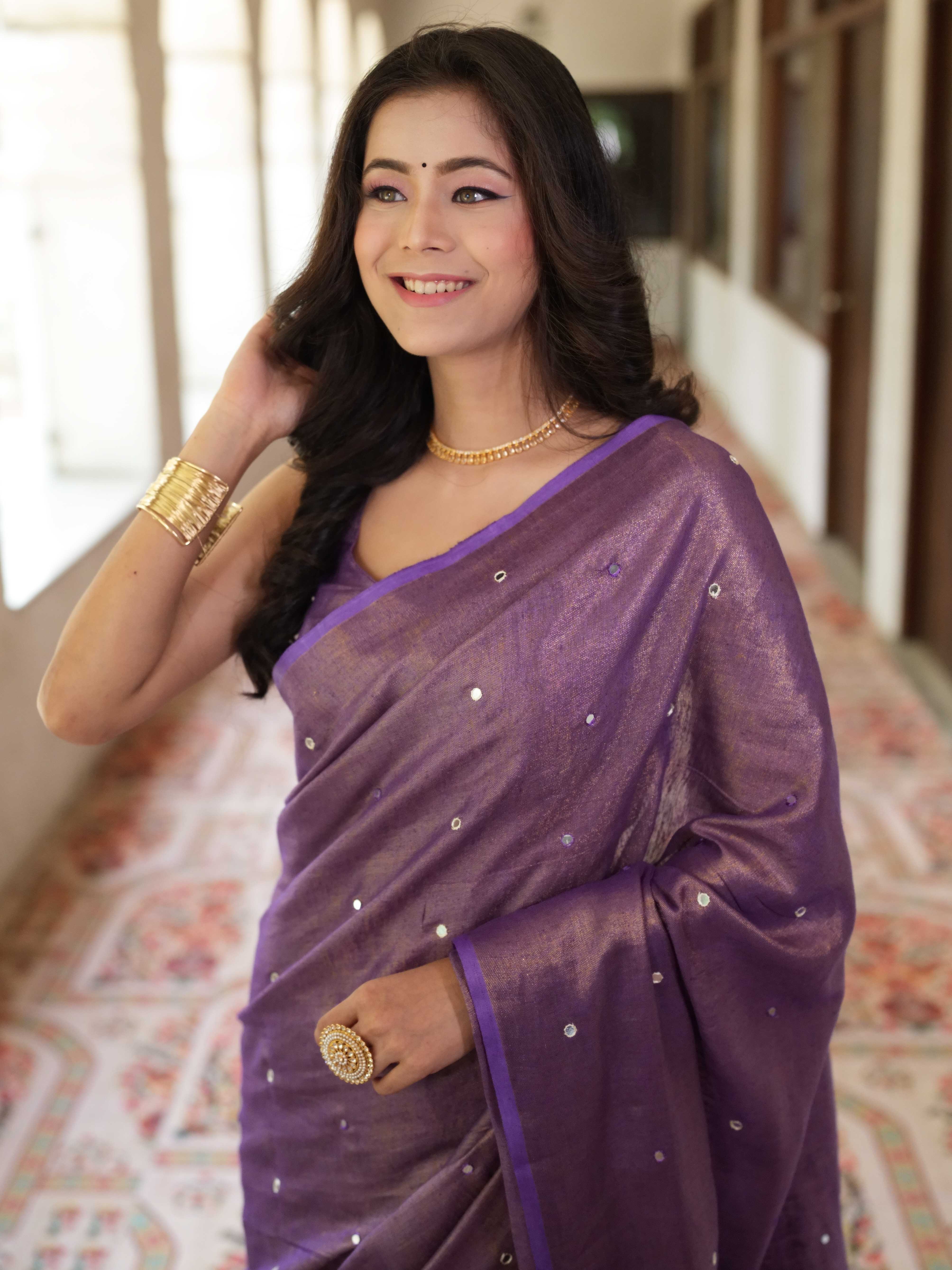 Banarasee Handloom Linen Saree With Mirror Work-Violet