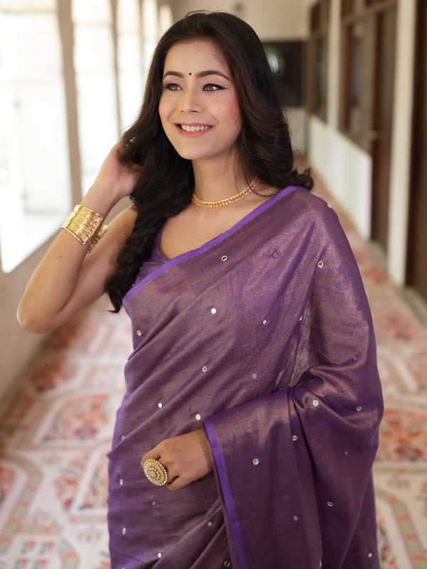 Banarasee Handloom Linen Saree With Mirror Work-Violet